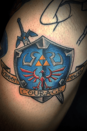 Legend Of Zelda Hylian Shield and Master Sword Tattoo on the Upper Thigh