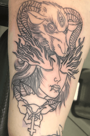 Demon Girl Goat Head Tattoo Outline