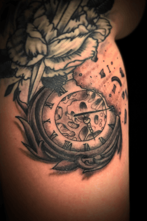 Black and Grey Pocket Watch Tattoo on Arm