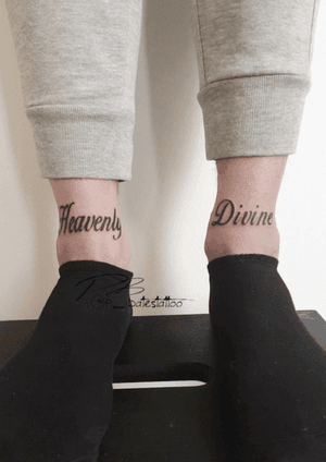 Fine line ankle tattoo featuring small lettering of a meaningful quote, beautifully illustrated by artist Patrick Bates.