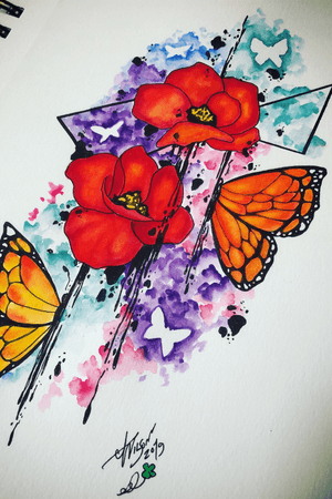 Poppies and butterflies. #poppydesign #floraldesign #butterflydesign #watercolortattoodesign #abstractart 