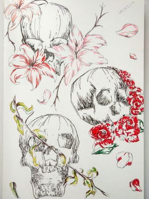 Three floral skulls 🌹💀🌹 ••Please like, comment and follow for more #sketchstyle #sketchtattoo #skulls #skulltattoo #skull #floral #floralsleeve #floraltattoo #flowertattoo #flowerstattoo #flower #sleevetattoo 