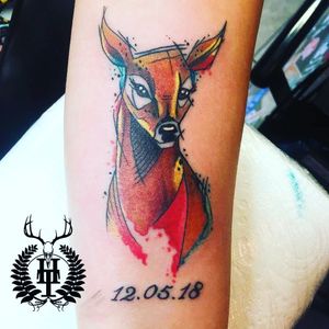 Today's tattoo 10th may 2019 in love with this tattoo watercolour Doe with my anniversary date underneath so personal and beautiful #Doe #watercolour #inkedgirl #love