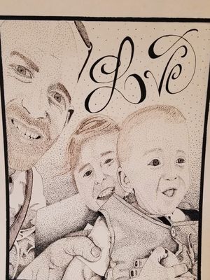 Portrait I did for a friend.  Her husband and two kids.  Dot work. Ink pen. 