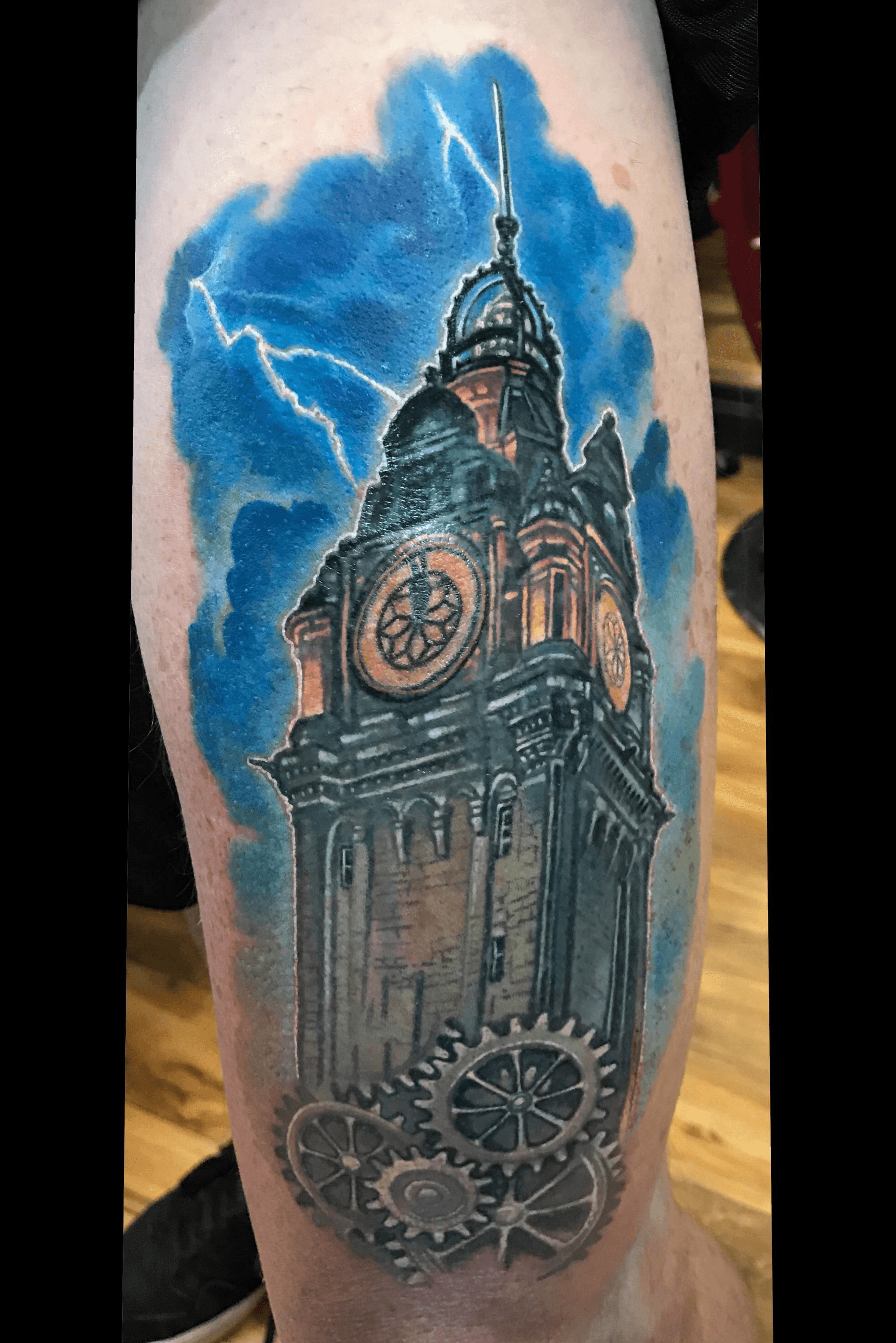 Clock tower sketch with my little sisters time of death  done by Dayton  Skuse of Mercy Seat Tattoo in Kansas City MO  rtattoos