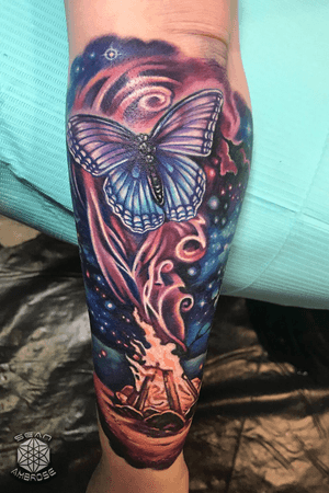 Super colorful butterfly, campfire memorial tattoo. One of my favorites to date!