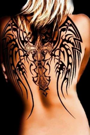 Marvelous black wings back tattoo