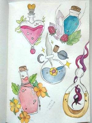 potion designs •#potions #potiontattoo #harrypotter #magic #spell #aesthetic #watercolor #watercolortattoos #watercolortattoo #lineworktattoo #linework #dotwork #spacetattoo #magictattoo #tattoideas #tattoodesign #tattooinspiration 