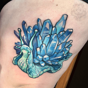 Crystal snail on the thigh.                                    #snail #snailtattoo #crystal #crystaltattoo #ice #neotraditional #nature #mke #milwaukee #wisconsin 