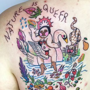 Fantástico tatuaje de Charline Bataille #CharlineBataille #queertattooer #queer #ignoranttattoo #illustrative #color #glam #punk #radical #prograssive #arthouse #unique