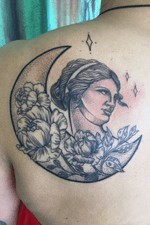 Moon and flowers with lady head /dotwork on the back of shoulder 