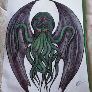 My cthulu art work using a pen and some watercolour pencils 