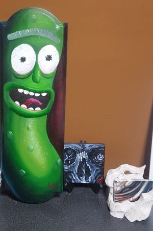 Pickle Rick! Oils in board. And the skull is acrylics on a 4x4" canvas