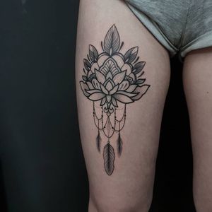 Ornamental tattoo by Ash Boss #AshBoss #ornamentaltattoos #ornamental #ornaments #jewels #decorative #jewelry #adorn #lotus #flower #feathers #leaves