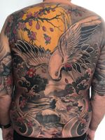 Crane tattoo by Chris Henriksen #ChristopherHenriksen #cranetattoos #crane #birds #feathers #wings #flying #animal #nature #neotraditional #neojapanese #waves #cherryblossoms #landscape
