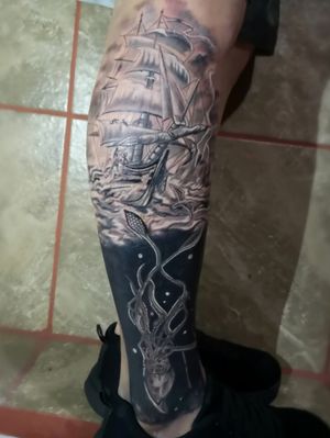 Full Black and gray work by the artist DG , deep sea, giant squid, ship 