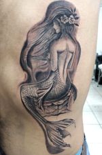 Black and gray mermaid, tattoo by artist DG 