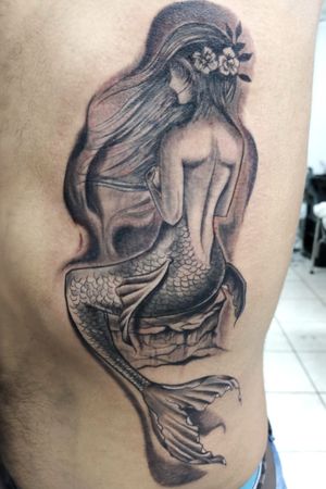 Black and gray mermaid, tattoo by artist DG 