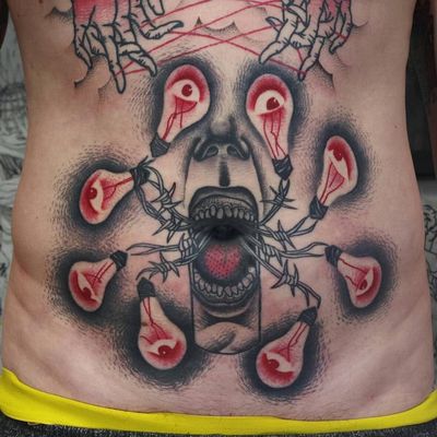 Psychedelic dark art tattoo by Łukasz Sokołowski #LukaszSokolowski #psychedelic #darkart #illustrative #strange #surreal #surrealism #trippy #dark #horror #eye #lightbulb #barbedwire
