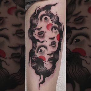 Psychedelic dark art tattoo by Łukasz Sokołowski #LukaszSokolowski #psychedelic #darkart #illustrative #strange #surreal #surrealism #trippy #dark #horror #ladyhead #portrait