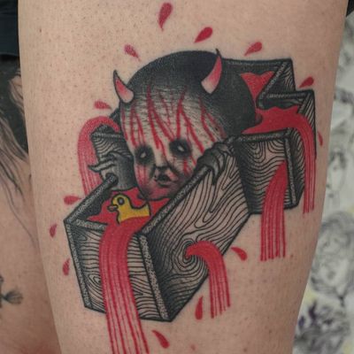 Psychedelic dark art tattoo by Łukasz Sokołowski #LukaszSokolowski #psychedelic #darkart #illustrative #strange #surreal #surrealism #trippy #dark #horror #cross #coffin #blood #rubberduck #satan
