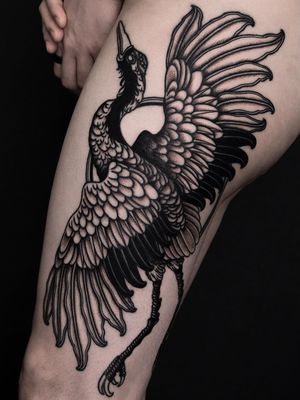 Crane tattoo by Dino Tats #DinoTats #cranetattoos #crane #birds #feathers #wings #flying #animal #nature #blackwork #illustrative #darkart