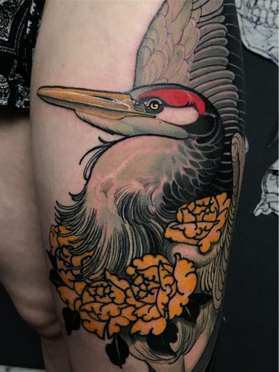 Crane tattoo by Jacobi Holy Crab #JacobiHolyCrab #cranetattoos #crane #birds #feathers #wings #flying #animal #nature #neotraditional #peony #neojapanese #color