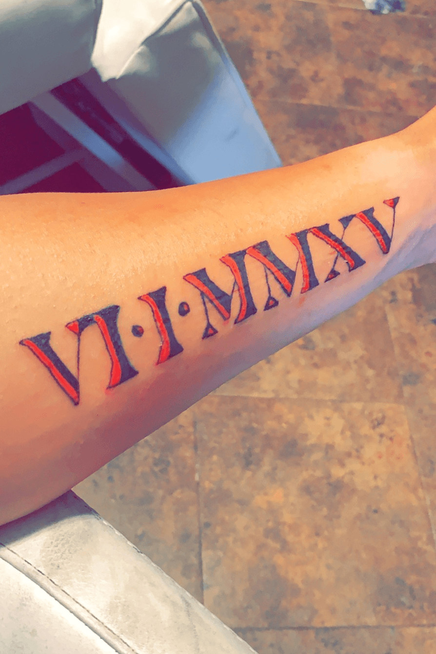 Tattoo uploaded by Heath Kubicek • Sons Birthday, Roman Numerals. VI•I•MMXV  (6/1/2015) • Tattoodo
