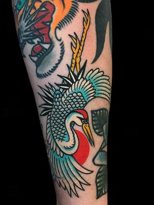 Crane tattoo by Alex Zampirri #AlexZampirri #cranetattoos #crane #birds #feathers #wings #flying #animal #nature #color #traditional #japanese