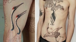 Crane tattoo on the left by Haku and crane tattoo on the right by Guy Eigel #GuyEigel #Haku #cranetattoo #cranetattoos #crane #birds #feathers #wings #flying #animal #nature