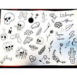Flash Sheet drawn by MeLooking for my first victims to tattooFind me on insta @casey_raven_inkSkulls. Flowers. Death. Cute. Pizza. Heart 