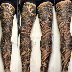 Japanese full leg Tattoo... Price 2000$ 3-4 full day sessions. Done by Mr. Maek