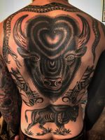 Cool tattoo by Bailey H Robinson #BaileyHRobinson #cooltattoos #cooltattoo #besttattoos #unique #special #surreal #strange #awesome #cool #traditional #blackwork #bison #animal #tribal #nativeamerican #snake