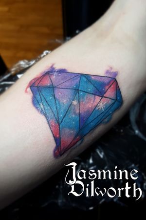 Watercolor galaxy diamond from yesterday! This was definitely a fun one as it was his birthday and my whole station was decked out in balloons! I love doing first time tattoos! Also, if you look closely we made a cat head star! #tattoo #tattooartist #femaletattooartist #watercolor #galaxy #diamond #colorful #armtattoo #watercolortattoo #galaxytattoo #greenland #greenlandnh #nh #newhampshire #newyork #geneva #genevany #ny #dovernh #kittery #boston #artist #newenglandartist