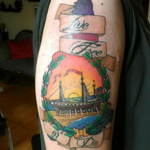 #tattoo #tattoos #newhampshire #nhtattoo #newengland #colortattoo #color #fusionink #splatterpalettetattoo #greenlandnh #sunset #ship #stateseal 