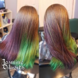 A deep cherry and green ombré split! Done on one of my most loyal clients, my sister!#tattooartist #femaletattooartist #Cosmetologist #hair #hairstyles #ombre #cherry #green #split #splithair #coloredhair #fingerlakes #greenland #greenlandnh #nh #newhampshire #newyork #ny #geneva #genevany #boston #dovernh #kittery 