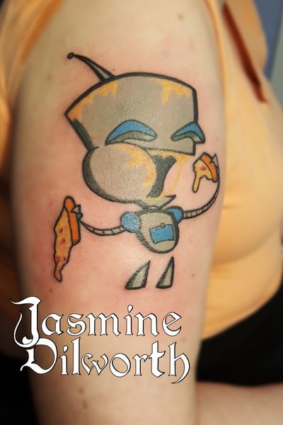 Pizza guy: Gir: I love you! Gir tattoo/ touch up done in NY over the weekend! Zim to be added soon! #tattoo #tattooartist #femaletattooartist #armtattoo #girl #girtattoo #invaderzim #cartoon #cartoontattoo #cute #cutetattoo #pizza #pizzatattoo #greenland #greenlandnh #newhampshire #nh #newyork #ny #fingerlakes #boston #dovernh #kittery #nickalodeon #colortattoo #geneva #genevany