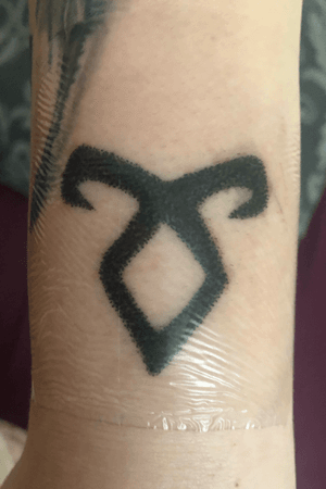 Shadowhunter’s Angelic Rune stick and poke tattoo. Completed by myself on myself. 