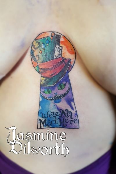 Alice in wonderland sternum piece done yesterday! It's so hard getting good pictures of a fresh tattoo (redness, bloody, puffy, purple stencil shit that refuses to come off when you want it to) #tattoo #tattooartist #femaletattooartist #aliceinwonderlandtattoo #aliceinwonderland #keyhole #sternumtattoo #sternum #tattedgirls #colortattoo #watercolor #watercolortattoo #greenland #greenlandnh #nh #newhampshire #geneva #genevany #ny #newyork #boston #kittery #dovernh