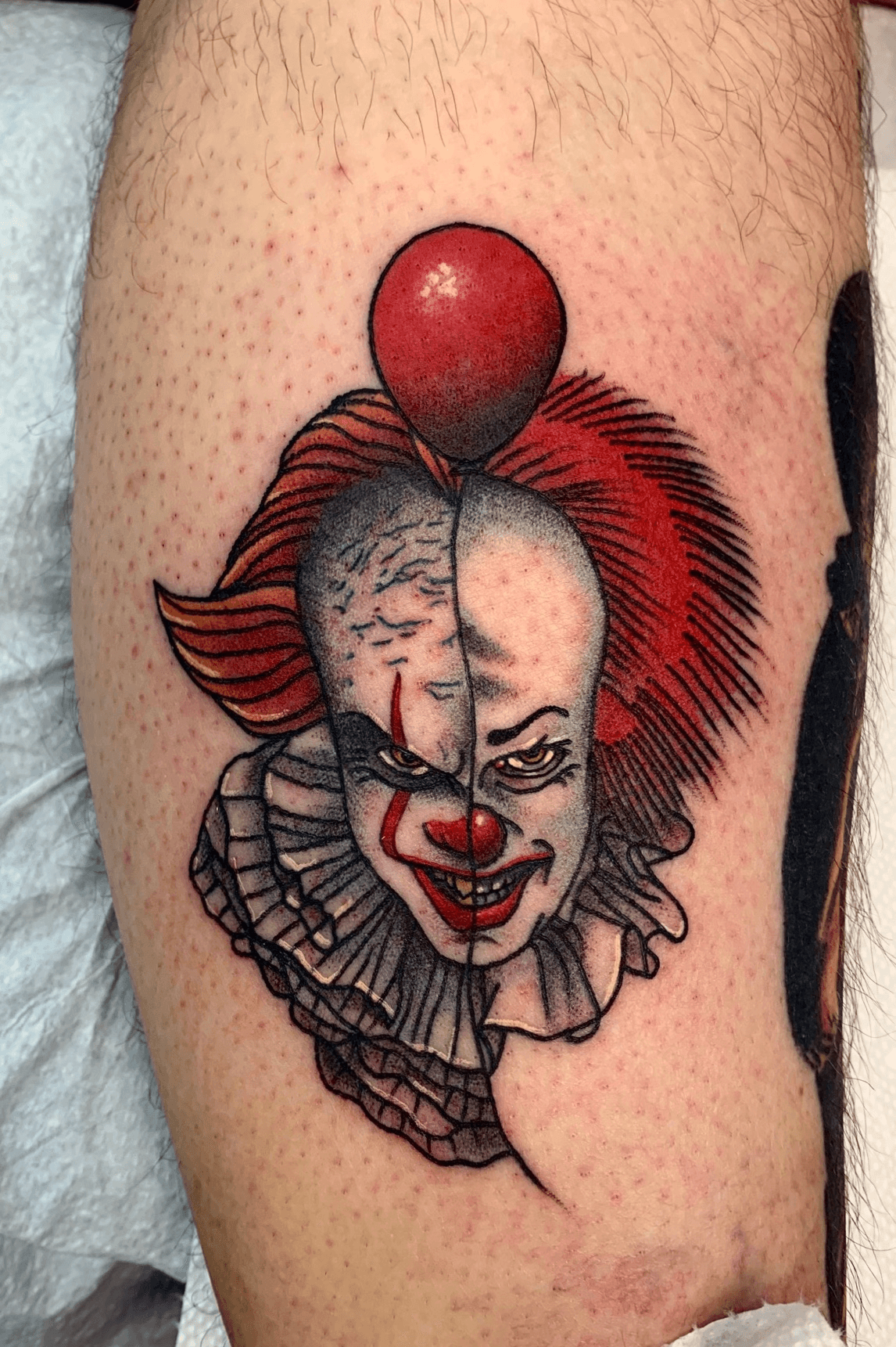 Tattoo uploaded by Davey Graham  New Pennywise versus old pennywise  traditional style split design turned out pretty fun on a horror leg sleeve  in progress Bit by bit  Tattoodo
