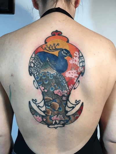 Peacock tattoo by Gerald Feliciano #GeraldFeliciano #peacock #artnouveau #color #feathers #floral #flowers #cherryblossom #backtattoo