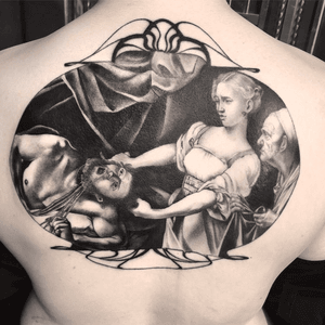 Judith beheading Holofernes Tattoo by Gerald Feliciano #GeraldFeliciano #blackandgrey #fineart #painting #judith #beheading #holofernes #backpiece