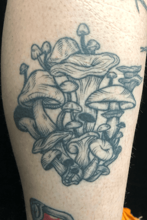 Got to snap a healed picture of one of my favorite tattoos I’ve ever done #mushrooms #blackwork #nature #ladytattooer #queertattooer #mushies #fineline 