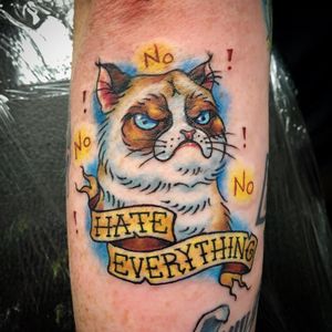 Grumpy Cat tattoo by Ashley Nicholas #AshleyNicholas #TardarSauce #GrumpyCat #cat #kitty #petportrait #GrumpyCattattoos #GrumpyCattattoo #cattattoo #meme #petportraittattoo #funnytattoo