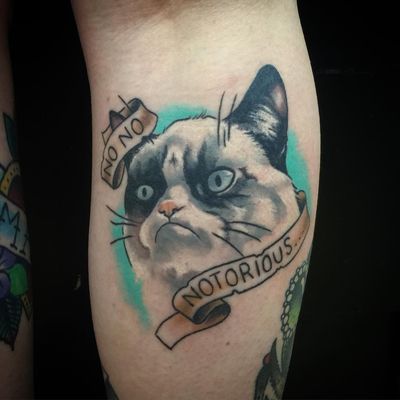 Grumpy Cat tattoo by Erin of Dark Valley Tattoo #Erin #DarkValleyTattoo #TardarSauce #GrumpyCat #cat #kitty #petportrait #GrumpyCattattoos #GrumpyCattattoo #cattattoo #meme #petportraittattoo #funnytattoo