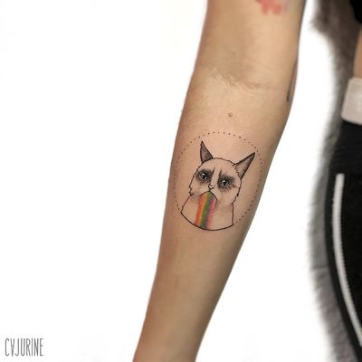 Grumpy Cat tattoo by Caroline aka Cajurine #CarolineCajurine #Cajurine #TardarSauce #GrumpyCat #cat #kitty #petportrait #GrumpyCattattoos #GrumpyCattattoo #cattattoo #meme #petportraittattoo #funnytattoo