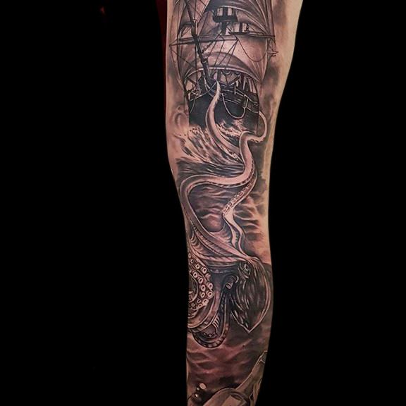 Masculine Dotwork Kraken Upper Arm Tattoos For Guys  Kraken tattoo  Octopus tattoo sleeve Tattoo designs men