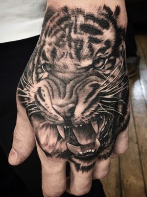 Tiger Hand tattoo contact daricktattoos@gmail.com #tiger #tigre #blackandgrey #bng #realism 