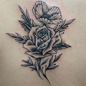 Dotwork rose and poppy on the back