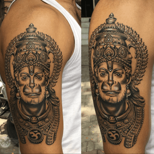 Tribute to Lord Hanuman. #lordhanuman #religioustattoo #hanumantattoo #hanumanbhakt #sleeveinprogress #sleevetattoo #tattoostyle #tattooidea #tattoomodel #realism #realistictattoo #blackandgreytattoo